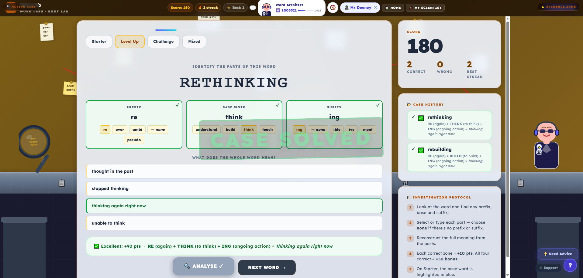 A Root Lab game mid-round, showing a word broken into its morphemes with the scientist character visible on the right and the round progress bar at the top.