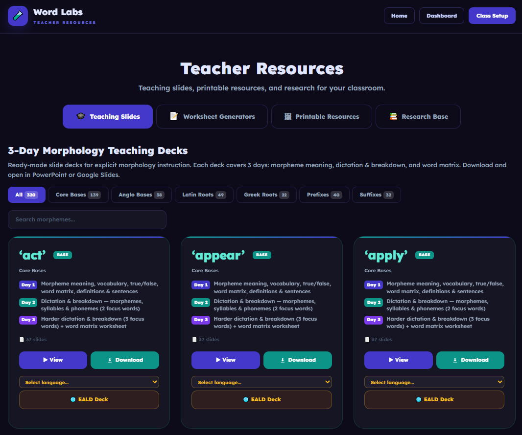 The Teacher Resources page showing a grid of downloadable PPTX teaching slide decks organised by morpheme type, with search and category filters.